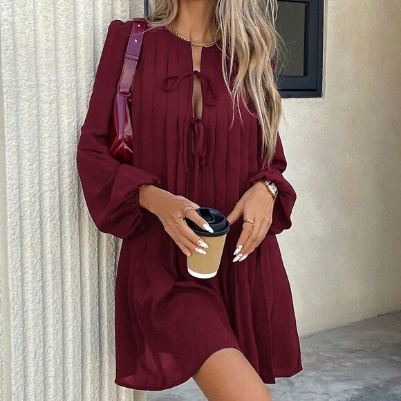 Burgundy Casual Women's Pleated long sleeved mini Dress - Picture 4 of 6